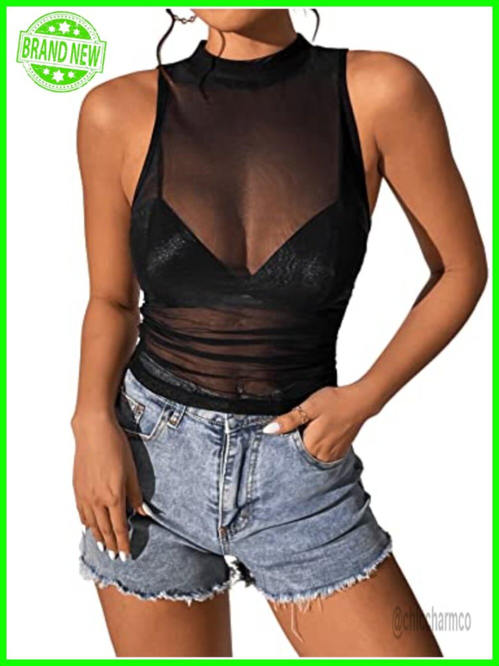 Sleeveless Mock Neck Slim Fit Ruched Mesh Tank Top